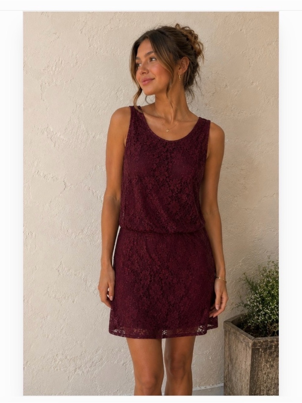 Bisou Bisou Burgundy Lace Blouson Waist Mini Dress
